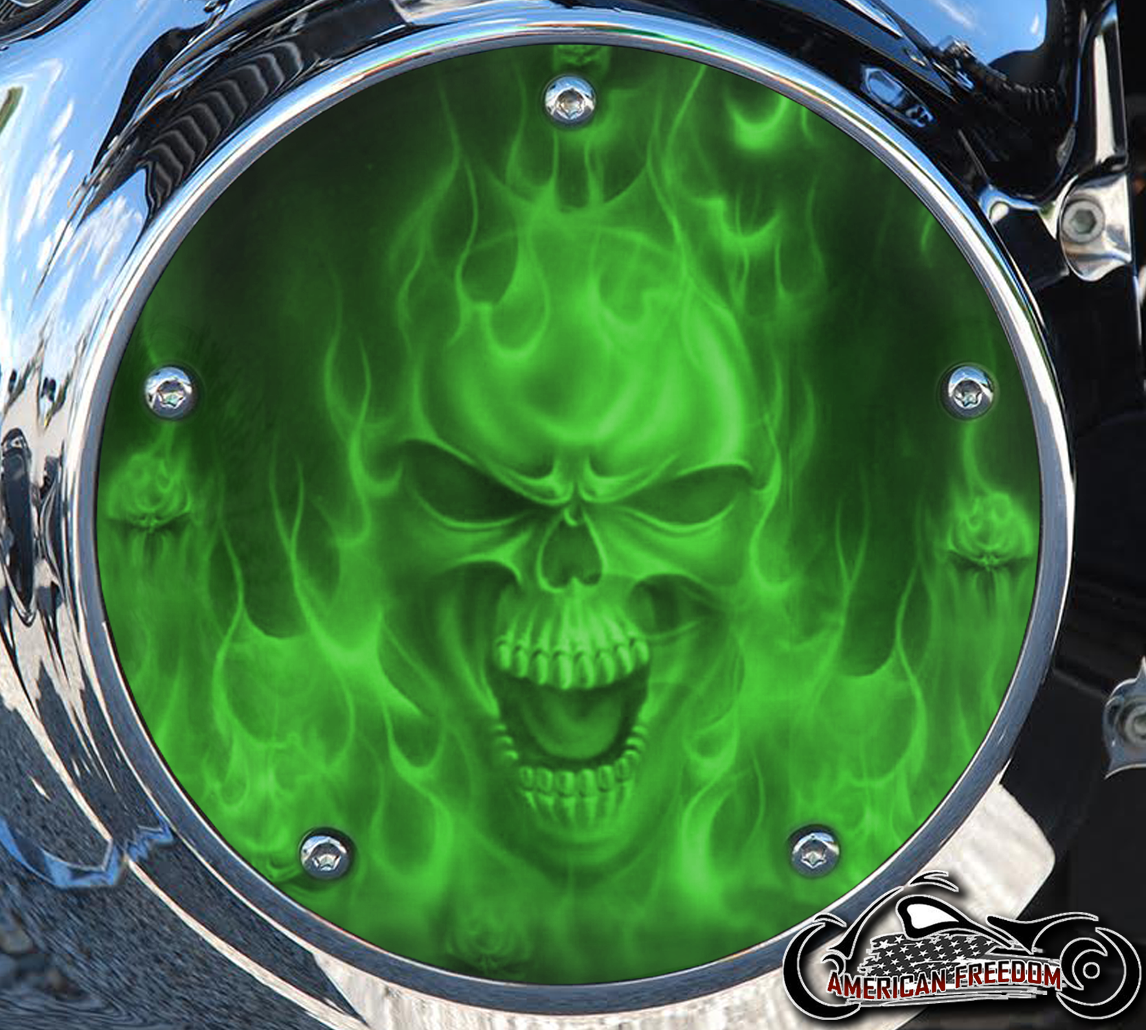 Custom Derby Cover - Green Flame Skull